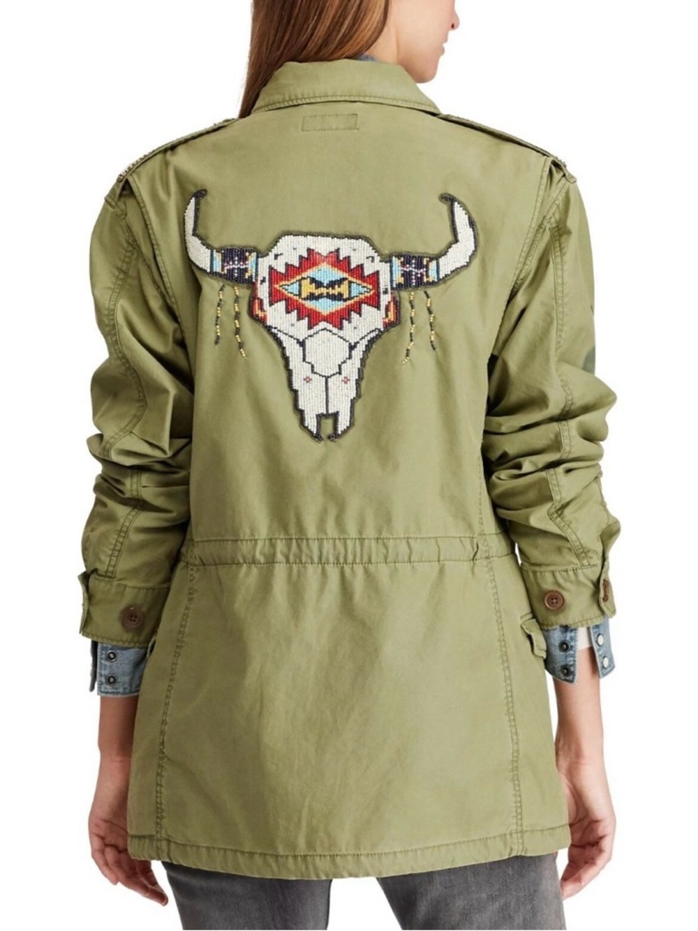 POLO RALPH LAUREN BEADED STEER HEAD Longhorn Aztec Army MILITARY Jacket M